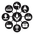 Black silhouette icons plumbing connected to center circular frame with hands holding a drop water