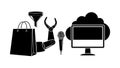 Black silhouette icons of robotic arm holding funnel bag microphone and computer with cloud connection technology objects Royalty Free Stock Photo