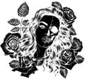 black silhouette of illustration head skull girl with roses around