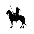 Black silhouette of indian on horse. Isolated image of western rider with spear. American landscape