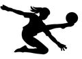 Black silhouette of a junior women\'s football young girl goalkeeper who kicks the ball with her foot Royalty Free Stock Photo