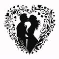Black Silhouette of a kissing couple in the middle of a large decorated black heart, white background ted. Heart as a symbol