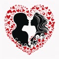 Black silhouette of a kissing couple in the middle of a large decorated red heart, white background isd. Heart as a symbol of Royalty Free Stock Photo