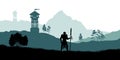 Black silhouette of knight on background of archers tower. Fantasy landscape. Medieval panorama. Battle watchtower Royalty Free Stock Photo