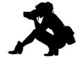 Black silhouette of a lady or woman photographer, a girl taking photos