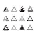 Black silhouette and line equilateral triangles motifs and icons set on white