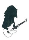 Black silhouette of a long haired guitarist with a white guitar