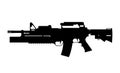 Black silhouette of machine gun with grenade launcher on white background. Automatic weapon of USA army