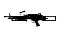 Black silhouette of machine gun on white background. Automatic weapon of army. Isolated image. Military ammunition