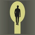 Black silhouette of a male figure in a yellow big keyhole with a gray background of a door vector illustration. Royalty Free Stock Photo