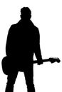 Black silhouette of a man with a guitar on a white isolated background. Vertical frame Royalty Free Stock Photo