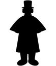 Black silhouette of a man with a long coat and a cap, a gentleman, clown, or magician
