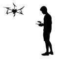 Black silhouette of a man operates unmanned quadcopter vector illustration