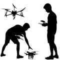 Black silhouette of a man operates unmanned quadcopter vector illustration