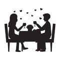 Black Silhouette of Man and woman are in the restaurant on the romantic date. Couple in love. People sitting at the