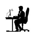 Black silhouette. Man working at computer. Isolated freelancer with PC. Programmer in office. Businessman