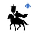 Black silhouette of medieval knight with banner . Fantasy warlord character. Games icon of paladin on horse Royalty Free Stock Photo