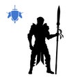 Black silhouette of medieval knight with spear . Fantasy character. Games icon of paladin. Isolated drawing of warrior