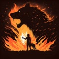 Black silhouette of a men against the background of a large fiery silhouette of a wolf