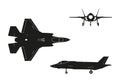 Black silhouette of military aircraft on white background. Top, Royalty Free Stock Photo