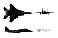 Black silhouette of military airplane. Top, side, front view of aircraft. Isolated warcraft. USA army plane Royalty Free Stock Photo