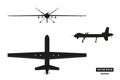 Black silhouette of military drone. Top, front and side view. Army aircraft for intelligence and attack Royalty Free Stock Photo