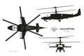 Black silhouette of military helicopter. Top, side and front views of armed air vehicle. Industrial isolated blueprint.