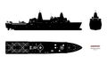 Black silhouette of military ship. Top, front and side view. Battleship. Industrial drawing of boat. Warship USS Royalty Free Stock Photo