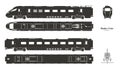 Black silhouette of modern train. Side, top and front views. Isolated locomotive blueprint. Railway. Railroad transport