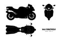 Black silhouette of motorcycle. Side, top and front view. Detailed isolated blueprint of motorbike on white background Royalty Free Stock Photo