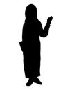 Black silhouette of a Muslim Hijabi girl waving or saying Hey