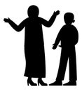 Black silhouette of a Muslim mother scolding her son inside the house, vector