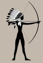 Black silhouette of a naked girl in Native American traditional headdress shooting from a bow