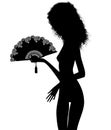 Black silhouette of a naked girl with an open fan in her hand isolated on white Royalty Free Stock Photo