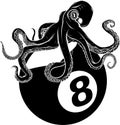 black silhouette of octopus on eight Ball Billards Pool Game Black