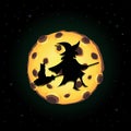 Black silhouette of witch on broomstick with cat flying on night sky background with full yellow moon Royalty Free Stock Photo