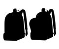Black silhouette. Opened and closed school bags. Empty rucksack. Backpack with zippers. Cartoon design. Flat illustration