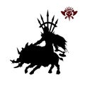 Black silhouette of orc warlord on white background. Fantasy character. Angry warrior on wild boar. 2d sprite shaman