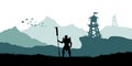 Black silhouette of orc warrior on background of tower. Fantasy landscape. Medieval panorama. Battle watchtower
