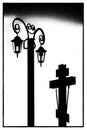 Black silhouette of an Orthodox cross and lantern in a black frame on a white background
