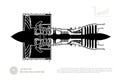 Black silhouette ot airplane jet engine. Industrial aerospase blueprint. Drawing of plane motor. Part of aircraft