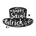 Black silhouette Patrick hat on white background. Calligraphy Happy St. Patrick`s day, design element, icon, banner