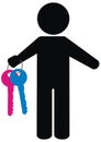 Black silhouette of person and keys, vector icon Royalty Free Stock Photo