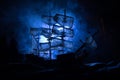 Black silhouette of the pirate ship in night Royalty Free Stock Photo