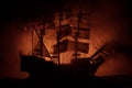 Black silhouette of the pirate ship in night Royalty Free Stock Photo