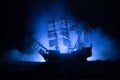 Black silhouette of the pirate ship in night Royalty Free Stock Photo