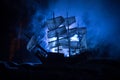 Black silhouette of the pirate ship in night Royalty Free Stock Photo