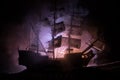 Black silhouette of the pirate ship in night Royalty Free Stock Photo