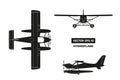 Black silhouette of plane on white background. Industrial drawing of hydroplane. Top, front and side view