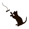 Black silhouette of playing cat. Isolated kitty play bow. Cute pet drawing. Animal icon of action kitten